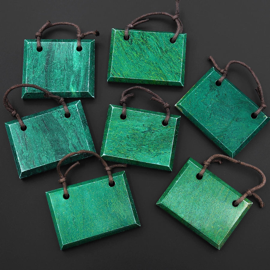 2 Two Hole Pendant Natural African Green Jade Faceted Rectangle Tile Gemstone