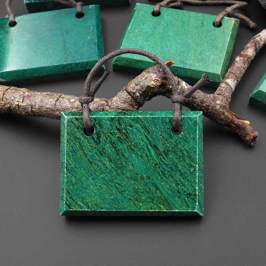 2 Two Hole Pendant Natural African Green Jade Faceted Rectangle Tile Gemstone