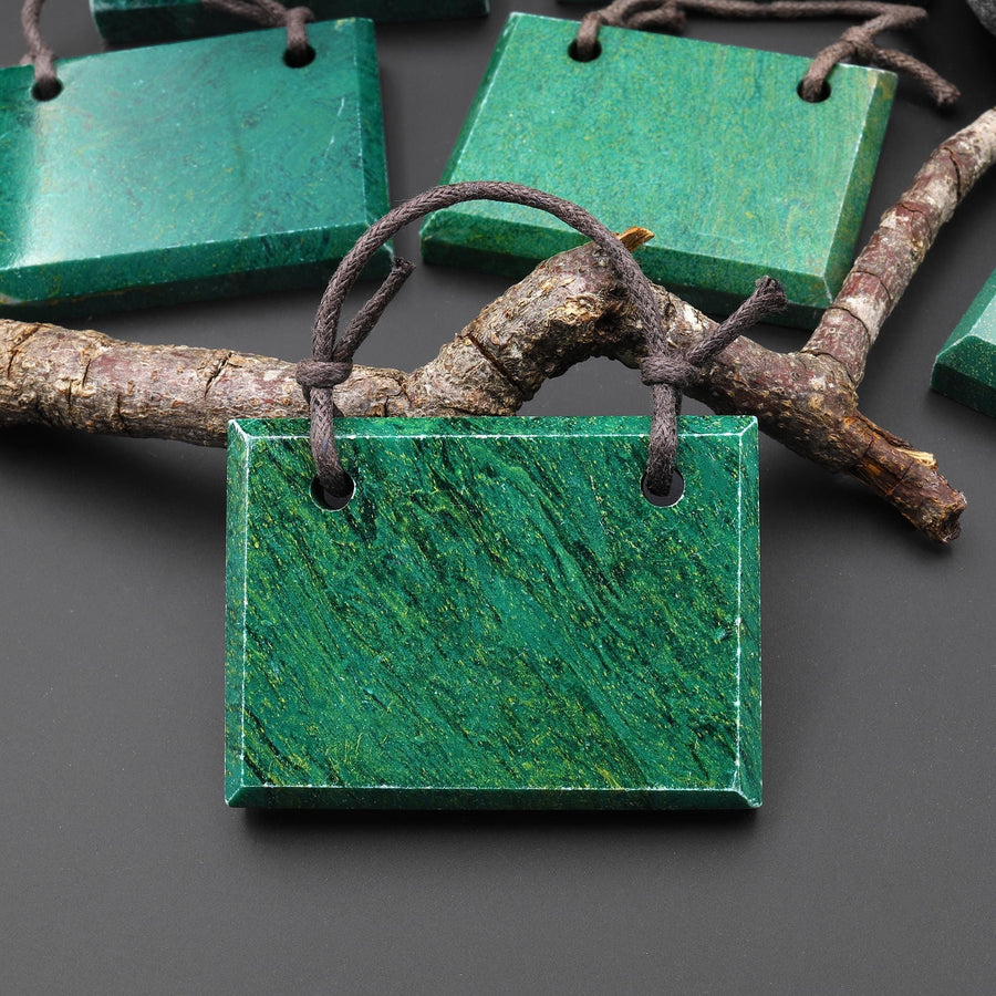 2 Two Hole Pendant Natural African Green Jade Faceted Rectangle Tile Gemstone A1