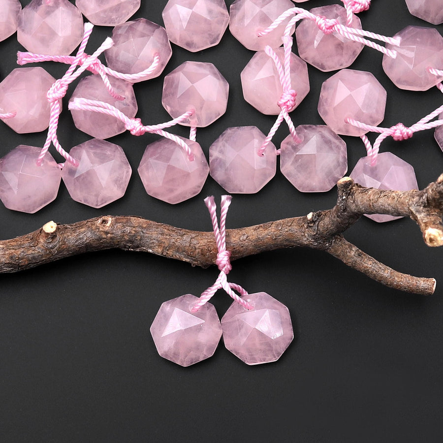 Natural Natural Pink Rose Quartz Faceted Geometric Round Octagon Coin Disc 12mm Earring Pair Matched Gemstones