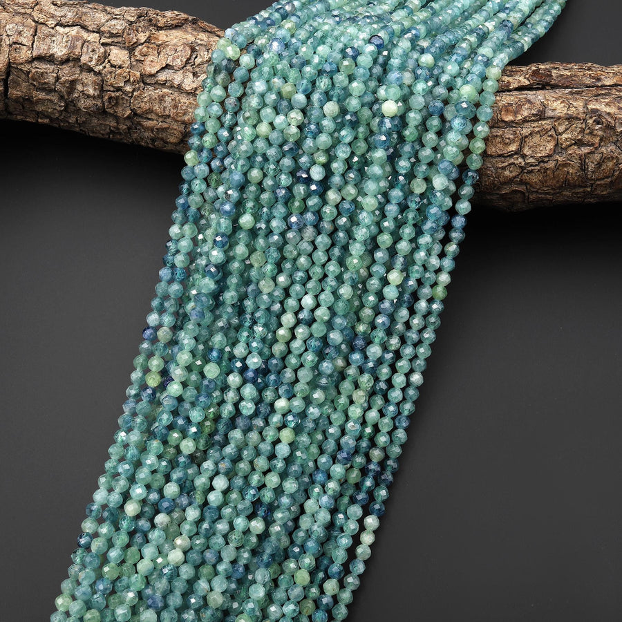 AAA Translucent Faceted Natural Bicolor Blue Green Kyanite 4mm Round Beads 15.5" Strand