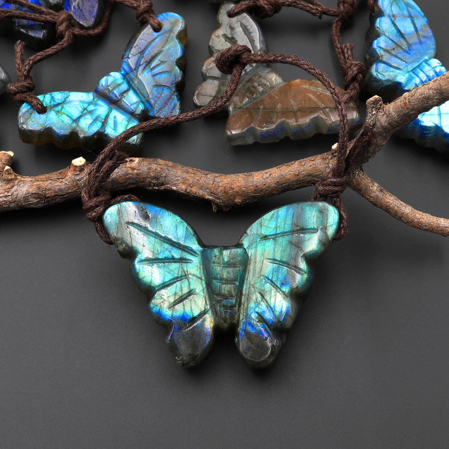 AAA Hand Carved Natural Labradorite Butterfly Pendant 2 Two Hole Gemstone Focal Bead