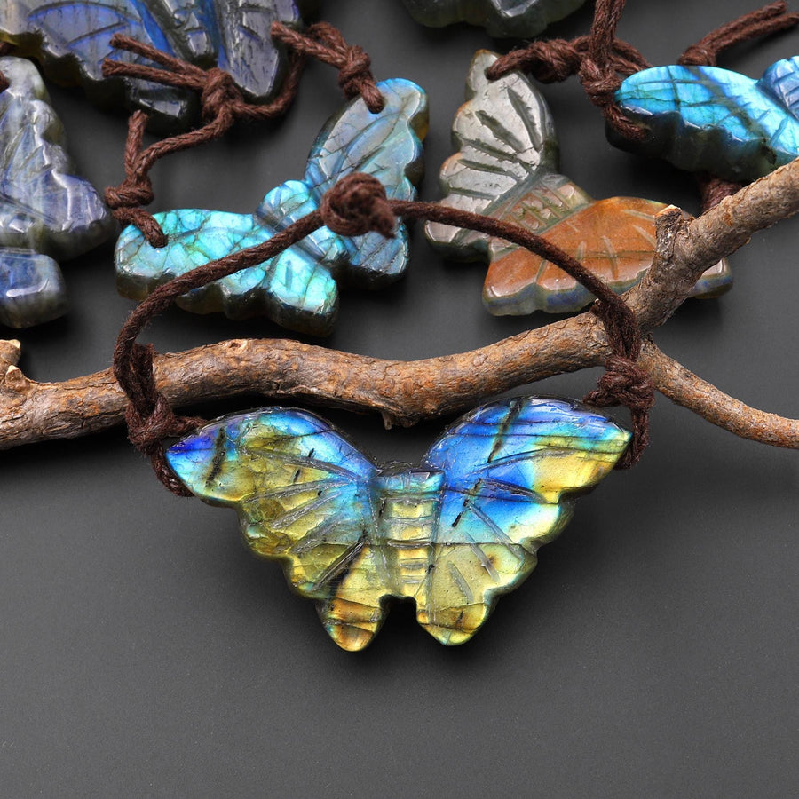 AAA Hand Carved Natural Labradorite Butterfly Pendant 2 Two Hole Gemstone Focal Bead