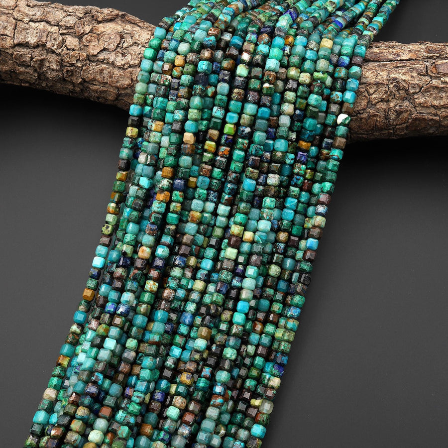 AAA Faceted Natural Chrysocolla Azurite 4mm Cube Gemstone 15.5" Strand