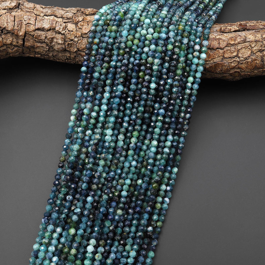 Natural Paraiba Blue Tourmaline Faceted 4mm Round Beads Gradient Shaded Indicolite Ombre Gemstone 15.5" Strand