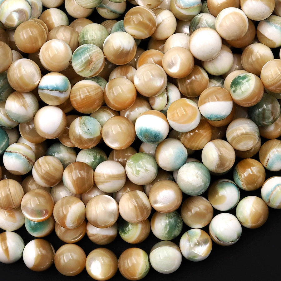 AAA Natural Turbo Green Brown Mother of Pearl 8mm 10mm Smooth Round Beads Iridescent Shell 15.5" Strand