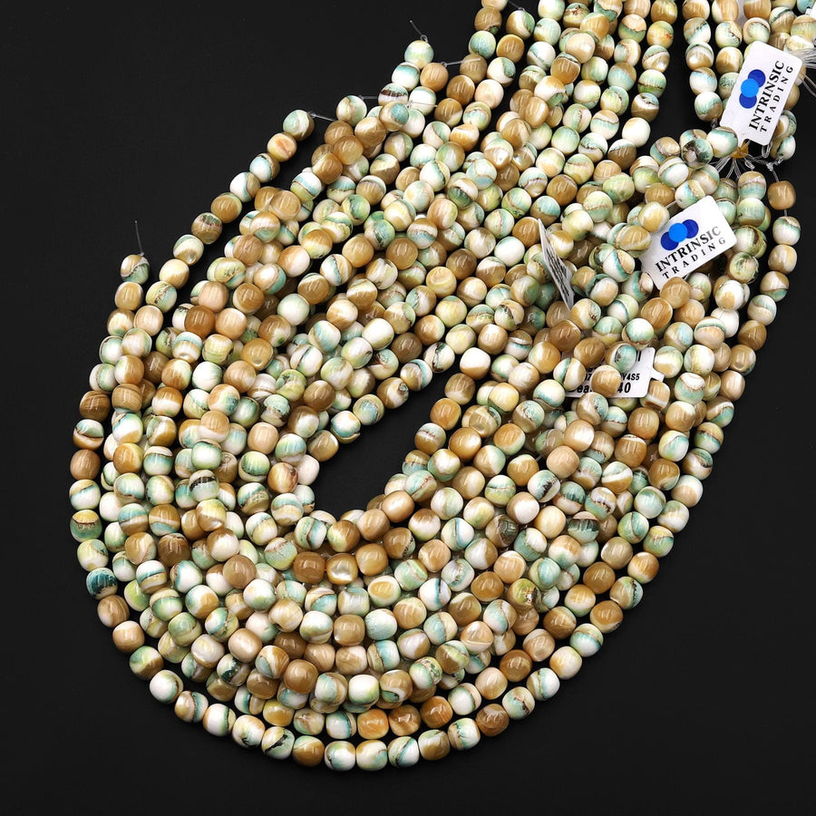 AAA Natural Turbo Green Brown Mother of Pearl 8mm 10mm Smooth Rounded Barrel Beads Iridescent Shell 15.5" Strand