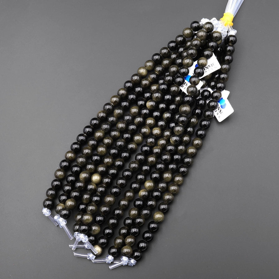 Large Hole Beads 2mm 3mm Drill Natural Golden Obsidian 6mm 8mm 10mm Round Beads 8" Strand