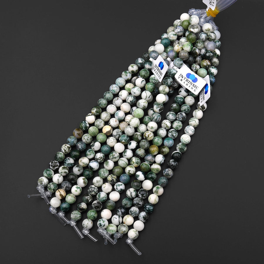 Large Hole Beads 2mm 3mm Drill Natural Green Tree Agate 8mm 10mm Smooth Round Beads 8" Strand