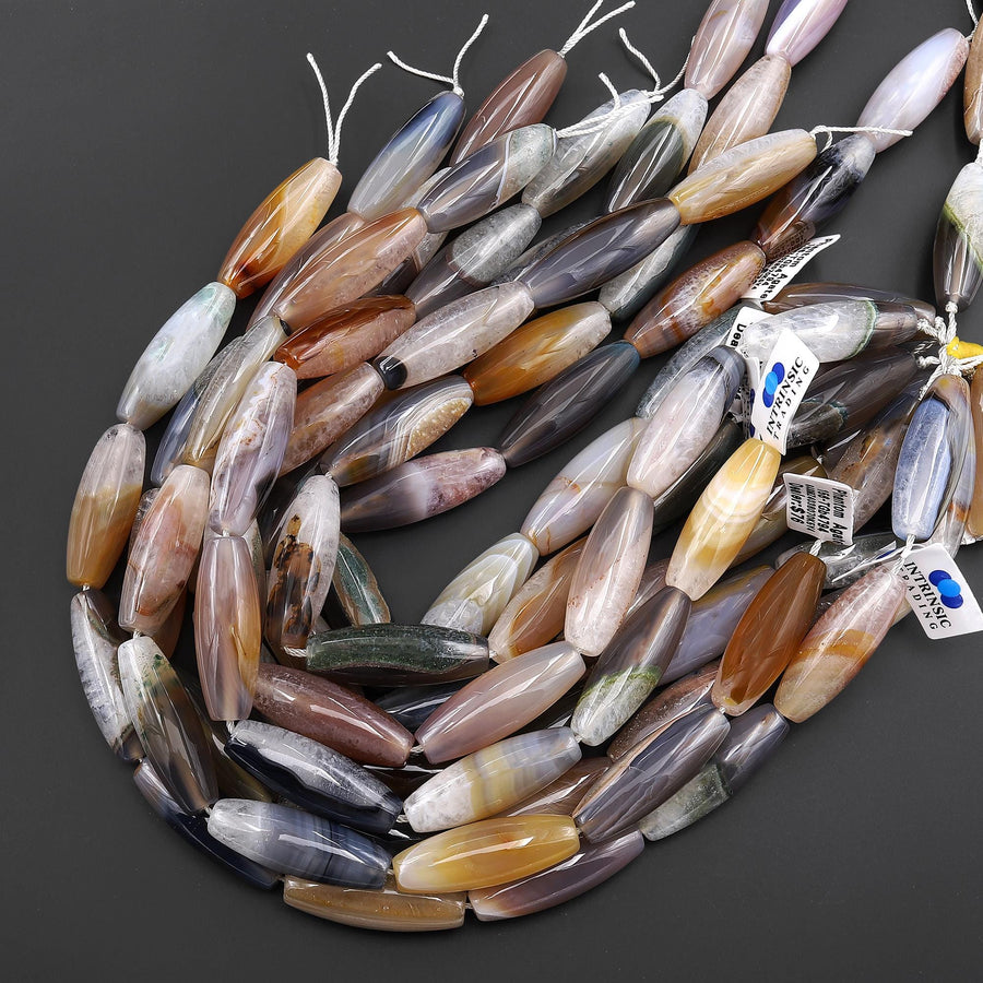 Natural Phantom Agate Elongated Barrel Cylinder Gemstone 15.5" Strand