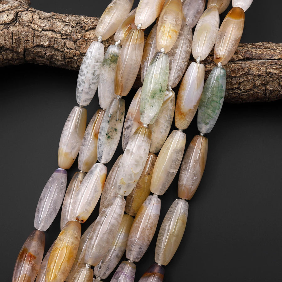 Natural Phantom Agate Barrel Long Cylinder Drum Barrel Gemstone 15.5" Strand
