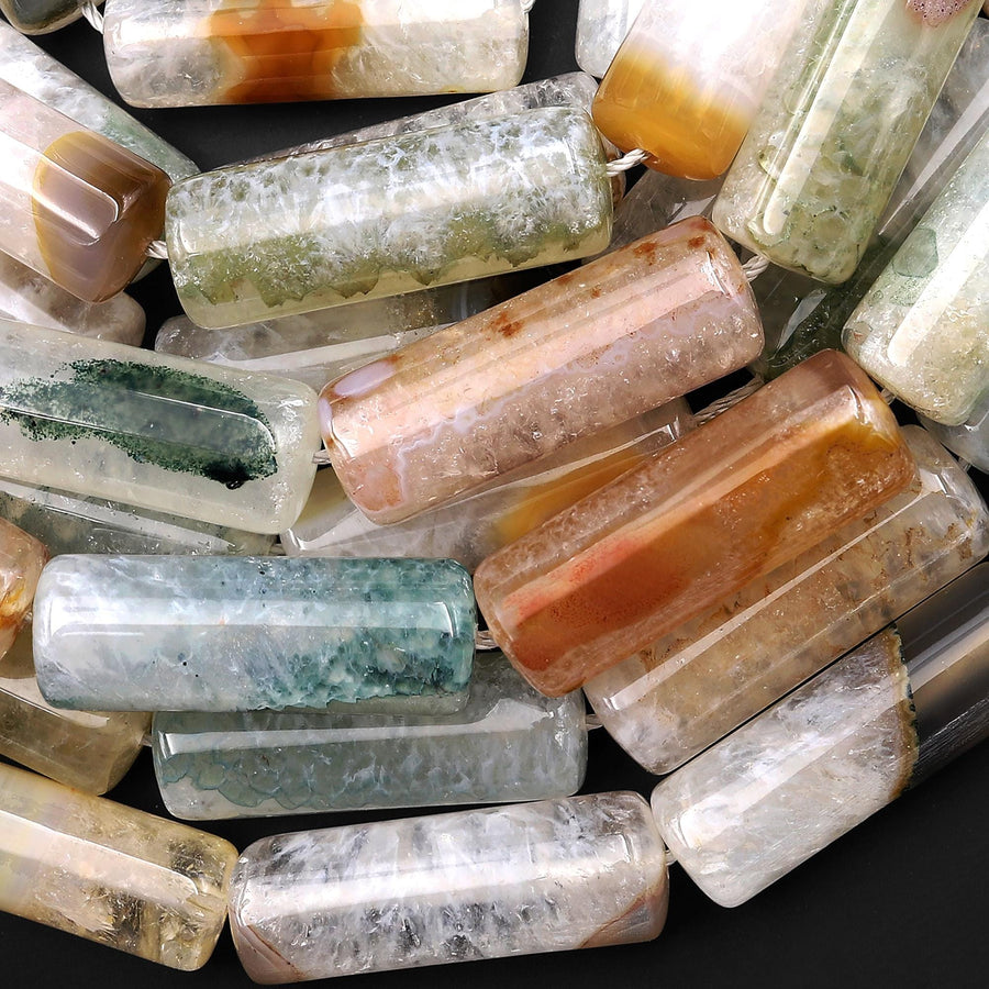 Rare Natural Phantom Agate Beads Large Long Tube 40mm Gemstone 15.5" Strand