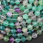 Carved Natural Green Fluorite 11mm Geometric Melon Round Beads 15.5" Strand