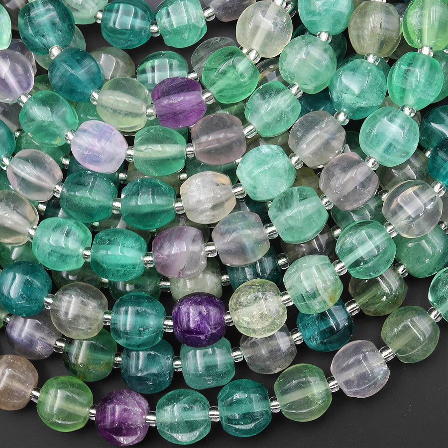 Carved Natural Green Fluorite 11mm Geometric Melon Round Beads 15.5" Strand