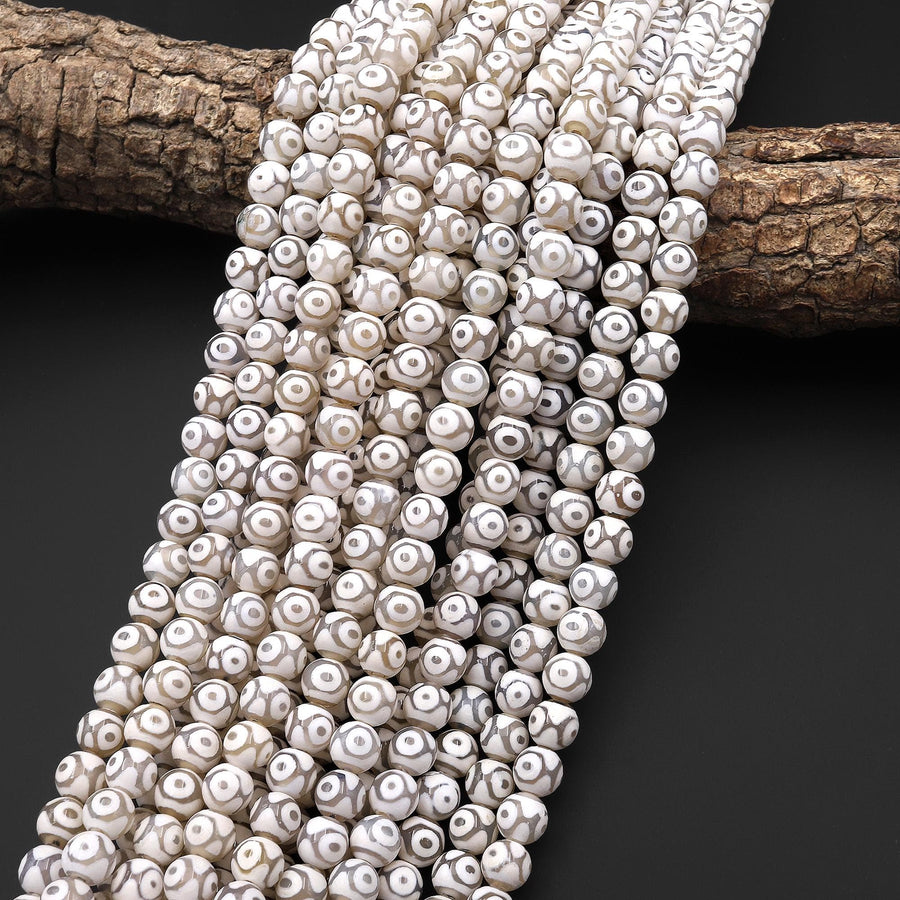 White Tibetan Agate 8mm 10mm Round Beads Dzi Agate Brown Etched Eye Mala Antique Boho Beads 15.5" Strand