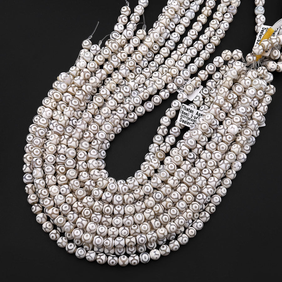 White Tibetan Agate 8mm 10mm Round Beads Dzi Agate Brown Etched Eye Mala Antique Boho Beads 15.5" Strand