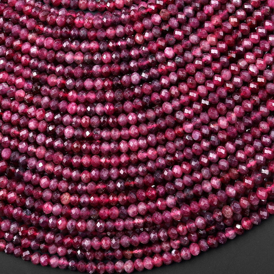 AAA Faceted Natural Red Pink Rubellite Tourmaline 3mm 4mm Rondelle Beads Gemstone 15.5" Strand