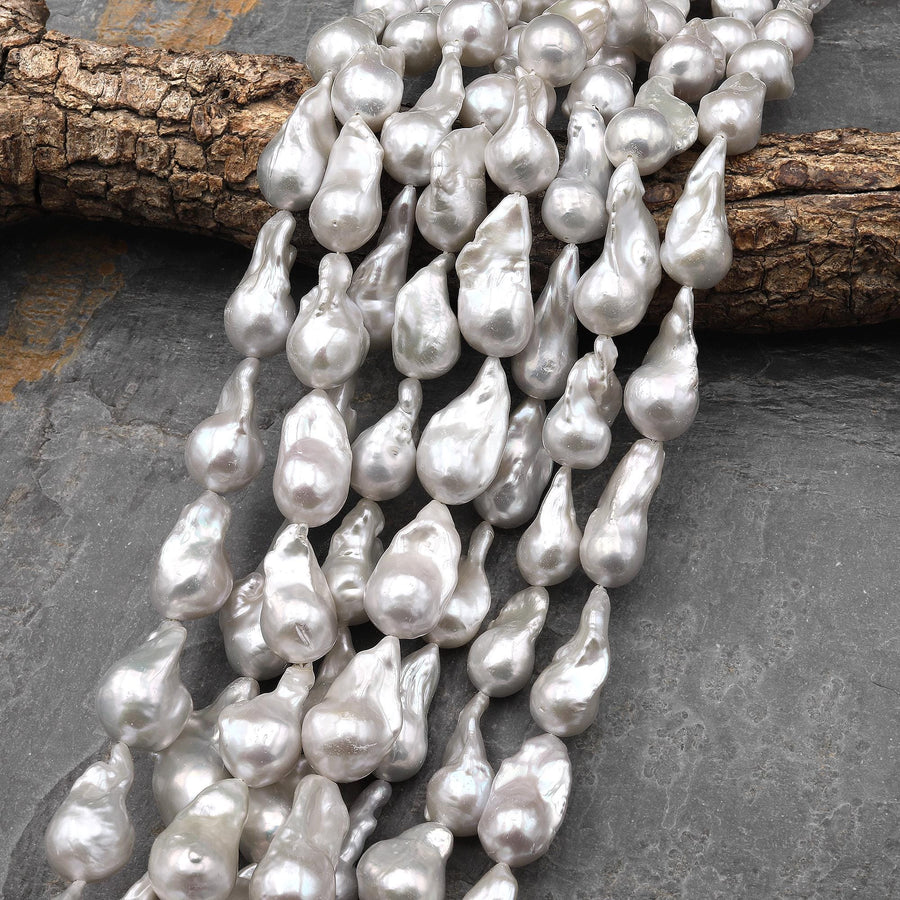AAA High Luster Large Genuine White Freshwater Baroque Flame Ball Ming Pearl 16" Strand