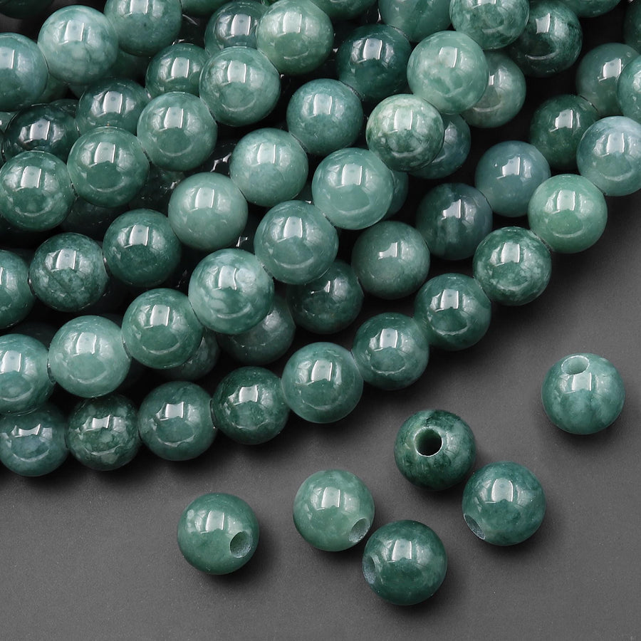 Large Hole Beads 2.5mm Drill Rare AAA Natural Guatemalan Blue Green Jade 8mm Round Beads 8" Strand