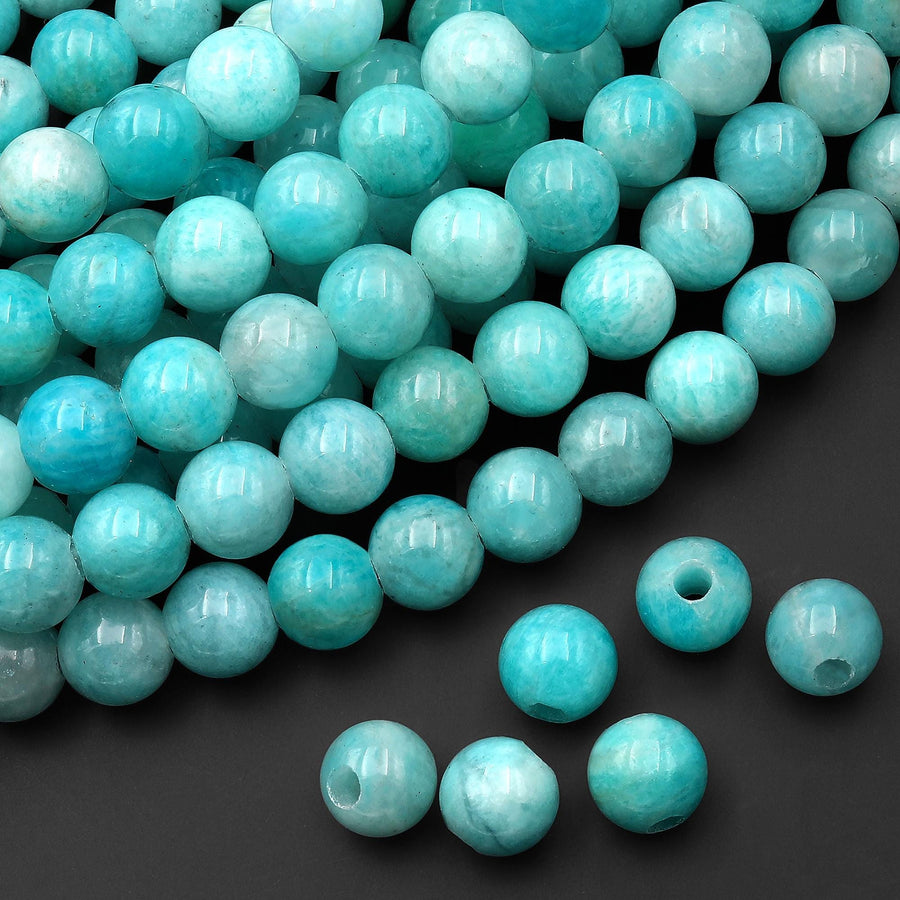 Large Hole Beads Natural Aqua Blue Peruvian Amazonite 10mm 12mm Round Beads 8" Strand
