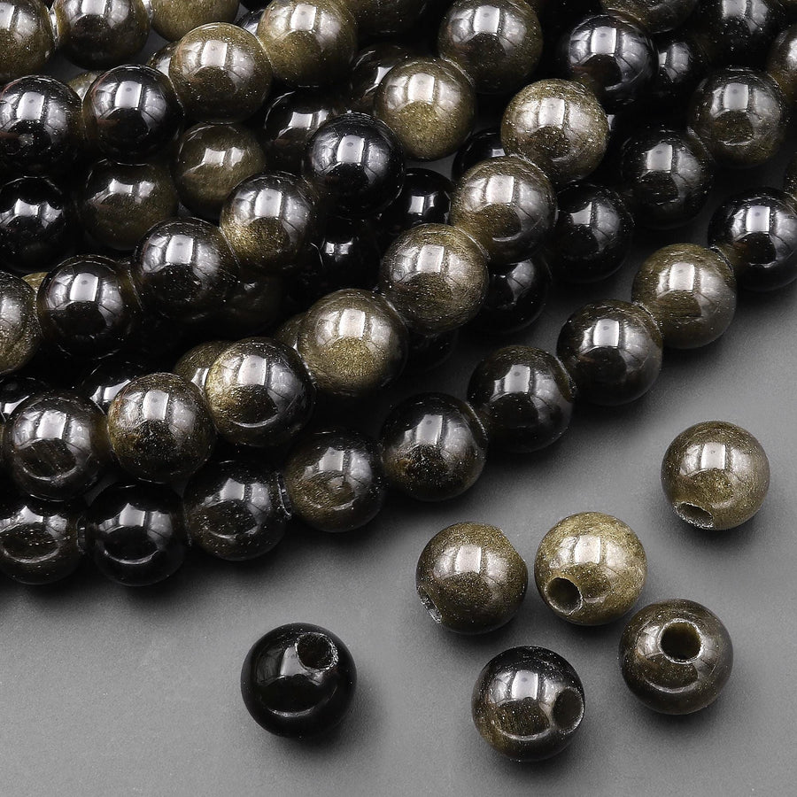 Large Hole Beads 2mm 3mm Drill Natural Golden Obsidian 6mm 8mm 10mm Round Beads 8" Strand