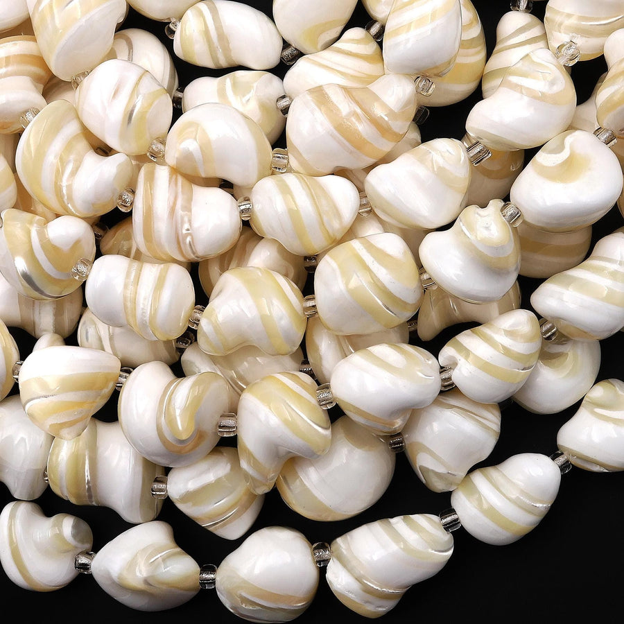Natural White Mother of Pearl Nugget Beads Iridescent Creamy Brown Swirls 15.5" Strand