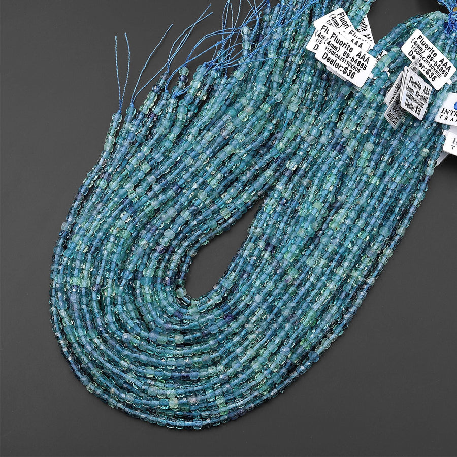 AAA Natural Gemmy Translucent Blue Fluorite Faceted 4mm Cube Beads Gemstone 15.5" Strand