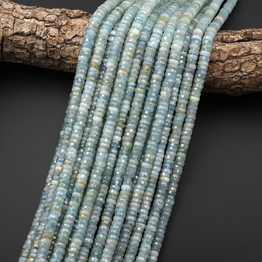 AAA Faceted Natural Green Blue Aquamrine 6mm Thin Heishi Rondelle Beads 15.5" Strand