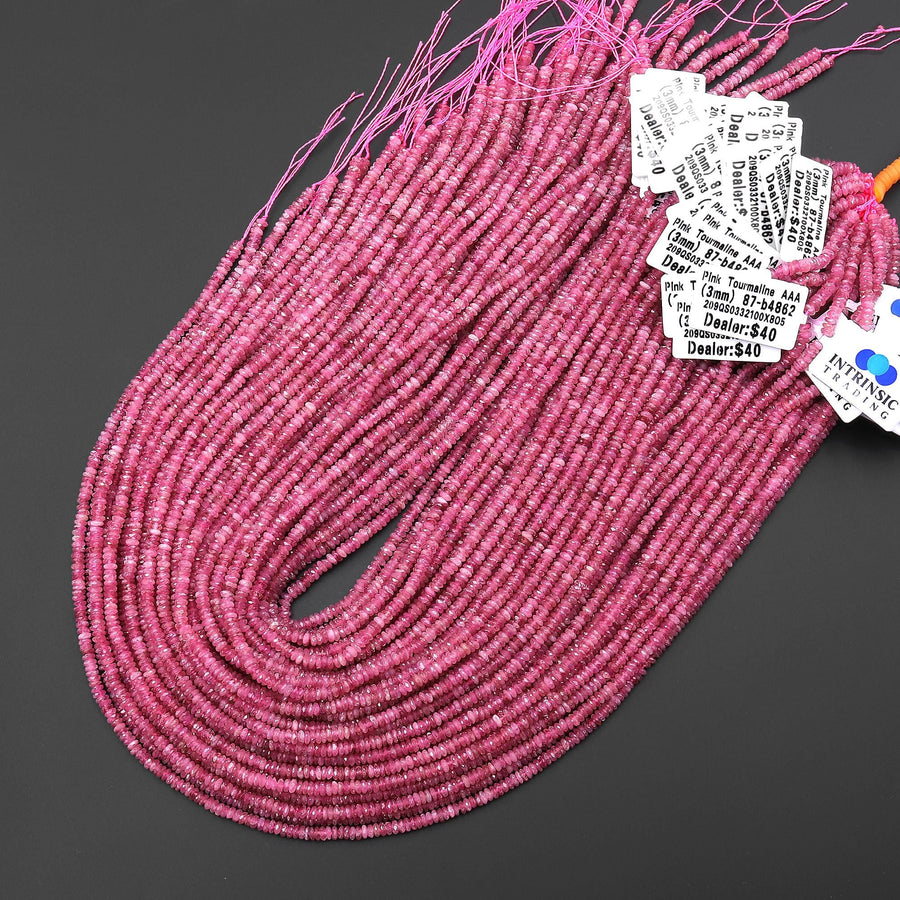 AAA Faceted Natural Pink Tourmaline Thin Rondelle 3mm Beads Micro Diamond Cut Gemstone 15.5" Strand