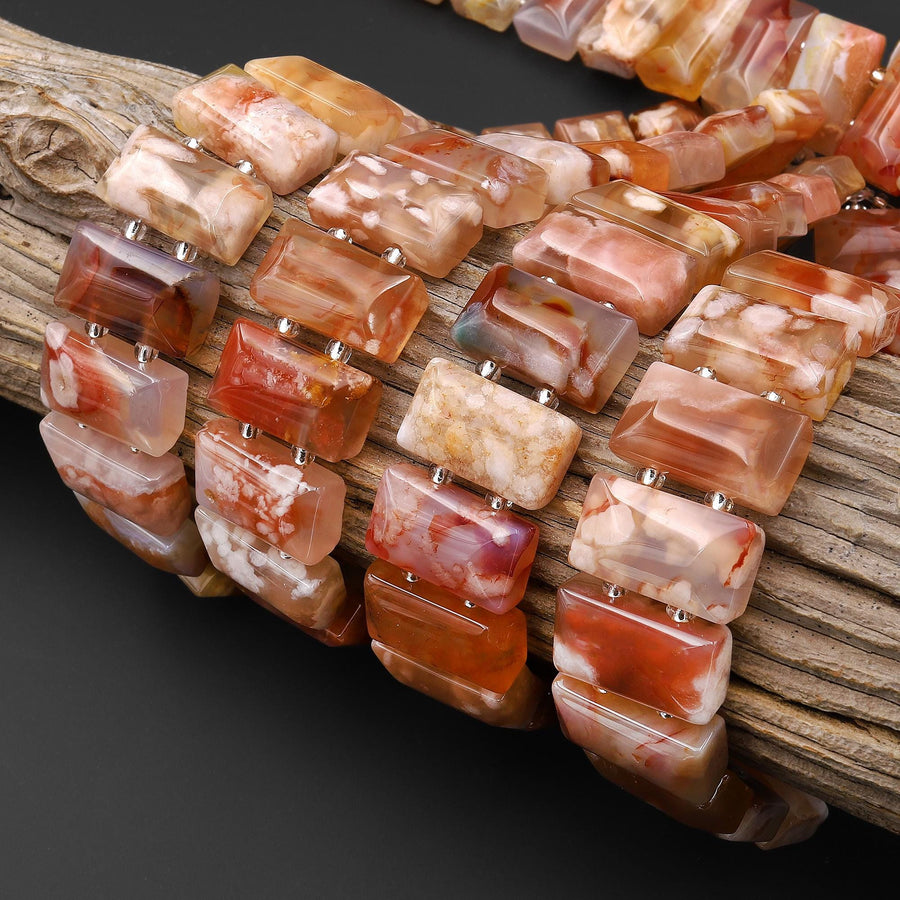 AAA Double Drilled Natural Translucent Peach Pink Cherry Blossom Agate Aka Flower Agate 20x10mm Rectangle Title Bracelet Beads 8" Strand