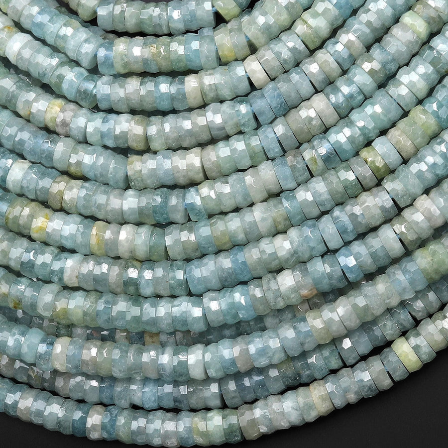 AAA Faceted Natural Green Blue Aquamrine 6mm Thin Heishi Rondelle Beads 15.5" Strand