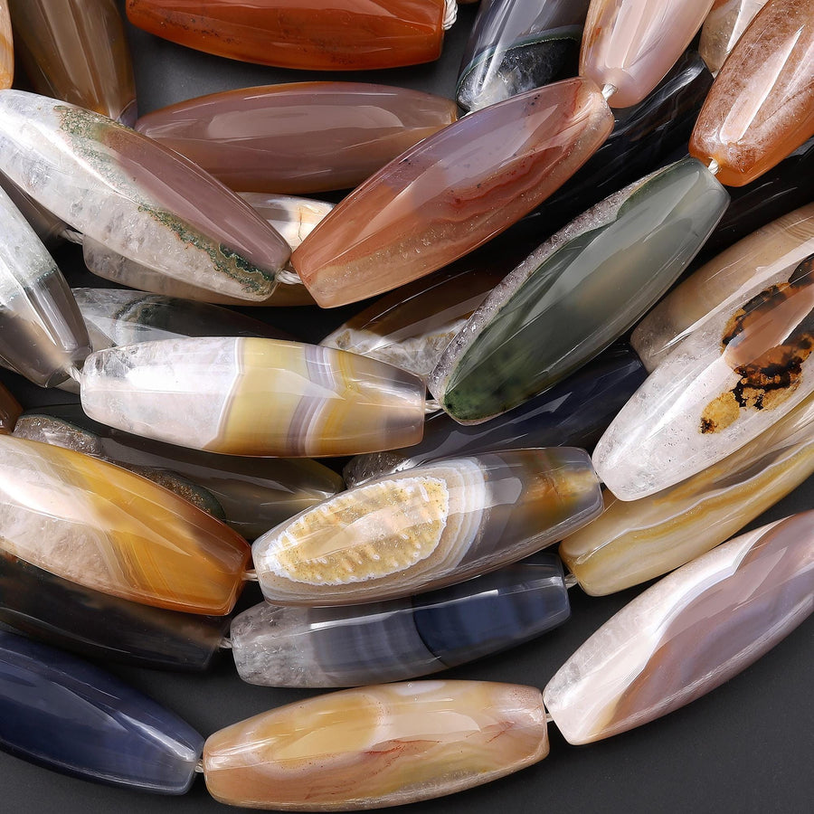 Natural Phantom Agate Elongated Barrel Cylinder Gemstone 15.5" Strand