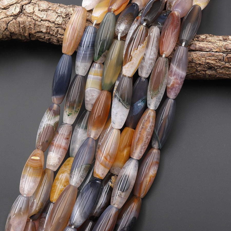 Natural Phantom Agate Elongated Barrel Cylinder Gemstone 15.5" Strand