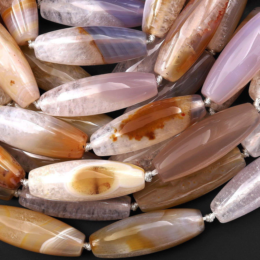 Natural Golden Brown Gray Phantom Agate Barrel Long Cylinder Drum Barrel Gemstone 15.5" Strand