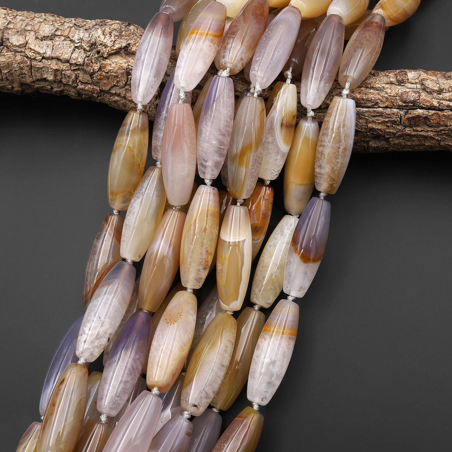 Natural Golden Brown Gray Phantom Agate Barrel Long Cylinder Drum Barrel Gemstone 15.5" Strand