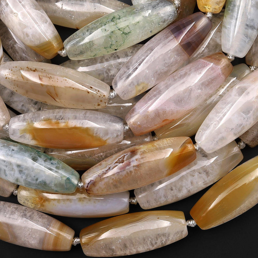 Natural Phantom Agate Barrel Long Cylinder Drum Barrel Gemstone 15.5" Strand