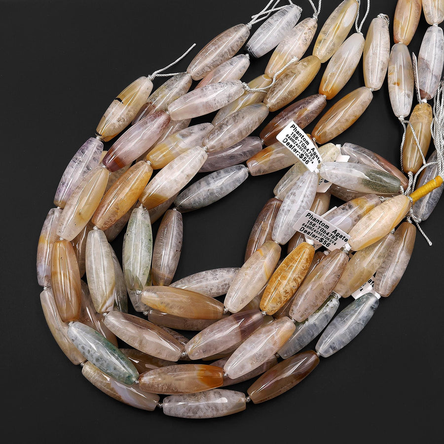Natural Phantom Agate Barrel Long Cylinder Drum Barrel Gemstone 15.5" Strand
