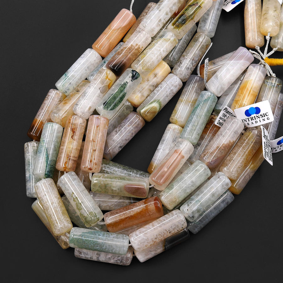 Rare Natural Phantom Agate Beads Large Long Tube 40mm Gemstone 15.5" Strand