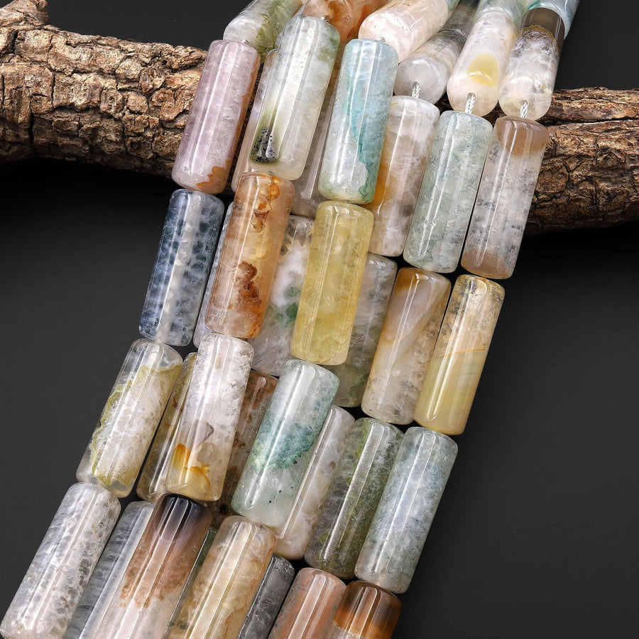 Rare Natural Phantom Agate Beads Large Long Tube 40mm Gemstone 15.5" Strand