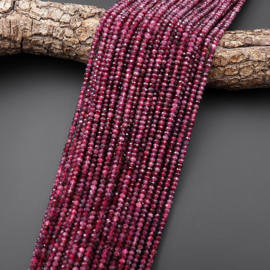AAA Faceted Natural Red Pink Rubellite Tourmaline 3mm 4mm Rondelle Beads Gemstone 15.5" Strand