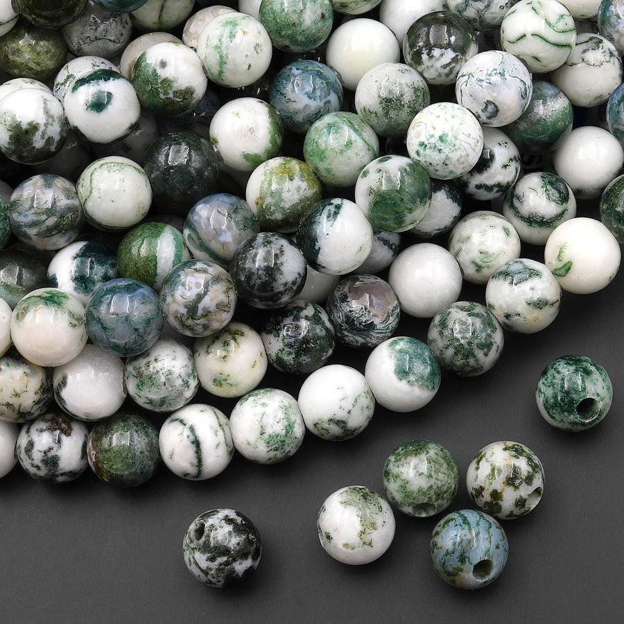 Large Hole Beads 2mm 3mm Drill Natural Green Tree Agate 8mm 10mm Smooth Round Beads 8" Strand