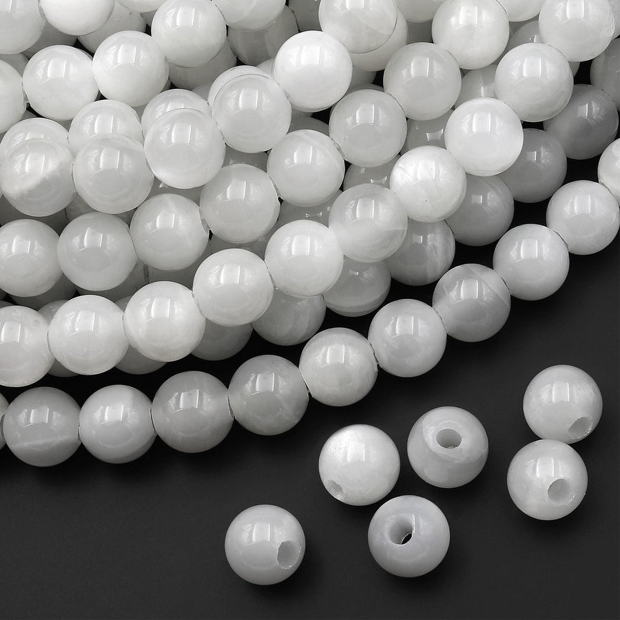 Large Hole Beads 2mm 3mm Drill AAA Chatoyant Natural Silvery White Moonstone 6mm 8mm 10mm Round Beads 8" Strand