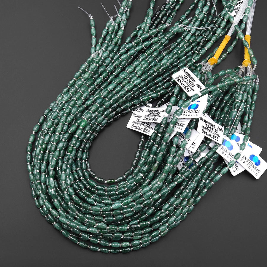 AAA Small Natural Guatemalan Jade Smooth Rice Barrel Beads 4x6mm 15.5" Strand