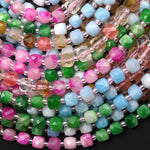 Spring Blossom Jade Faceted 6mm Cube Beads Green Blue Pink Warm Champagne Gemstone 15.5" Strand