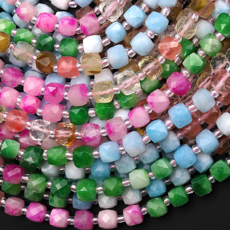 Spring Blossom Jade Faceted 6mm Cube Beads Green Blue Pink Warm Champagne Gemstone 15.5" Strand