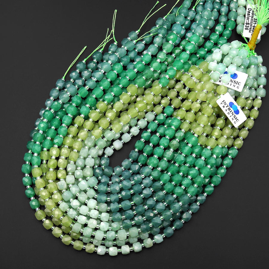 Whispering Canopy Jade Faceted 6mm Cube Beads Soothing Green Gemstone 15.5" Strand