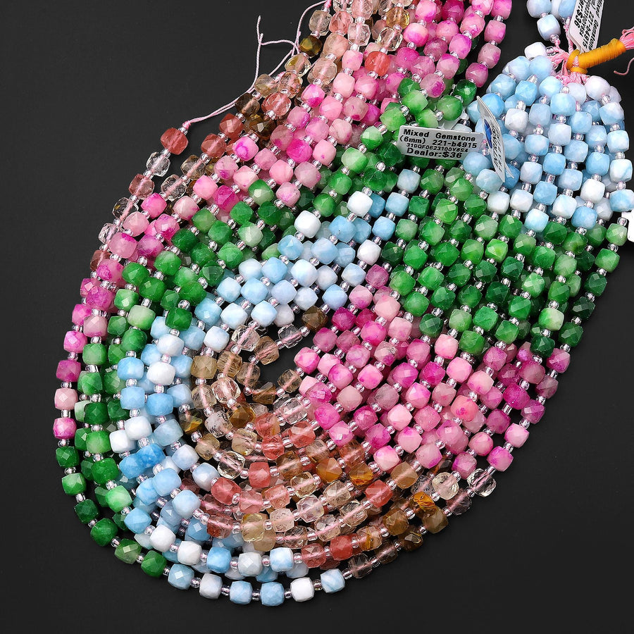 Spring Blossom Jade Faceted 6mm Cube Beads Green Blue Pink Warm Champagne Gemstone 15.5" Strand