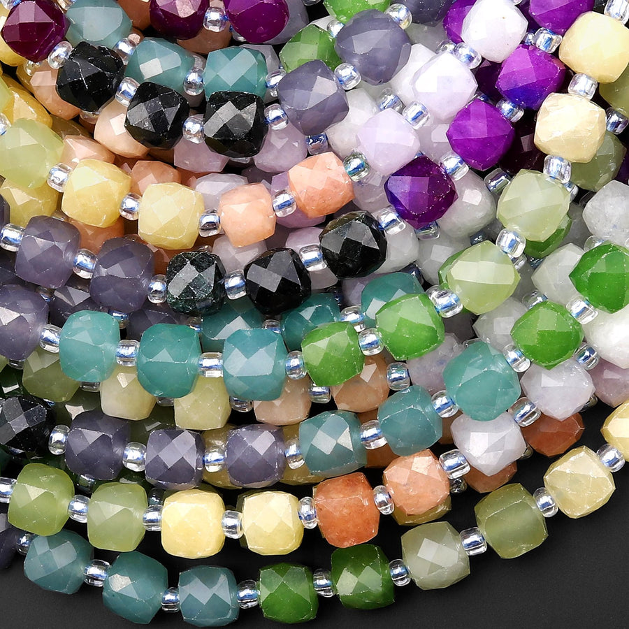 Twilight Meadow Jade Faceted 6mm Cube Beads Gemstone 15.5" Strand