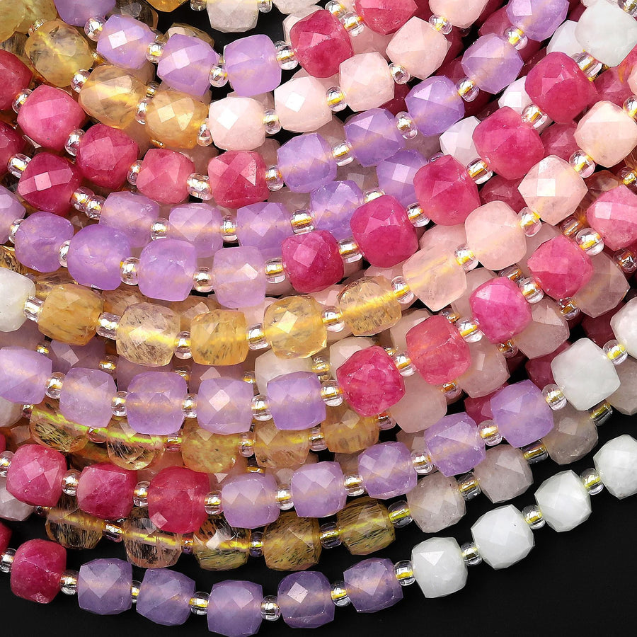 Blushing Meadow Jade Faceted 6mm Cube Beads Green Blue Pink Warm Champagne Gemstone 15.5" Strand