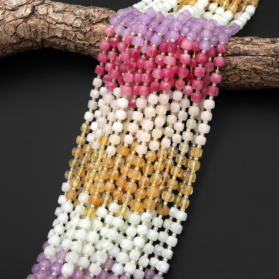 Blushing Meadow Jade Faceted 6mm Cube Beads Green Blue Pink Warm Champagne Gemstone 15.5" Strand